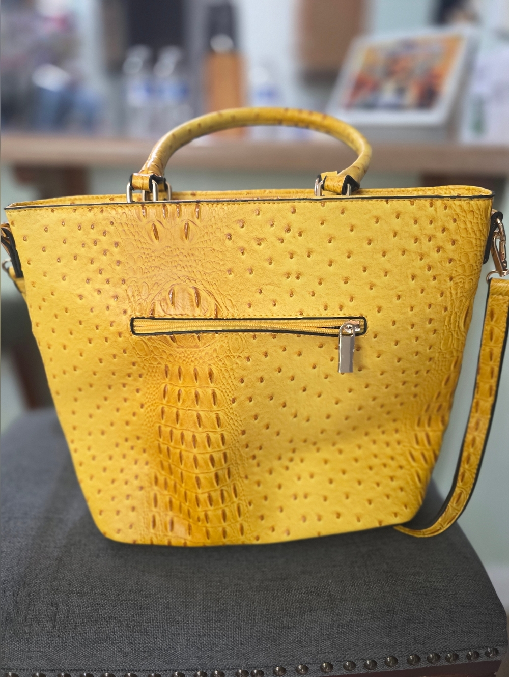Yellow Purse with Ostrich Like Design. Two Side Pockets on the Front. - Picture 4 of 7